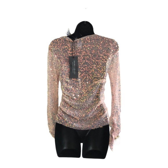 Sans Souci Pink‎ Sequin sheer mesh iridescent shirred side and sleeve top size M - Picture 11 of 11